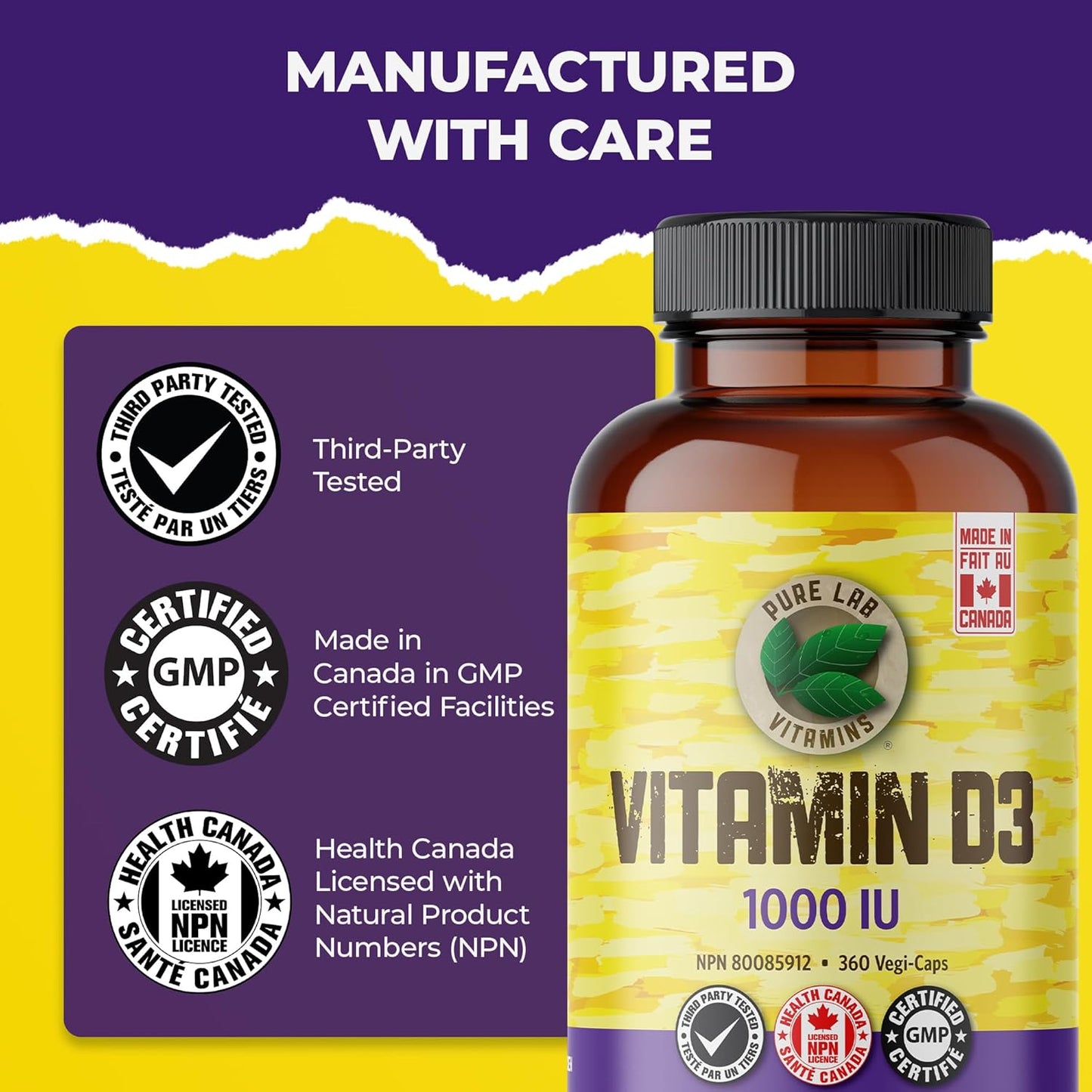 PURE LAB VITAMINS D3 (1000 IU - 360 veg caps)